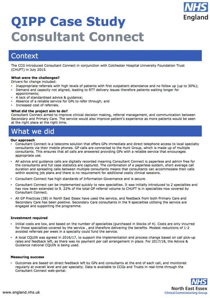 NHS England QIPP Case Study about A&G project in North East Essex