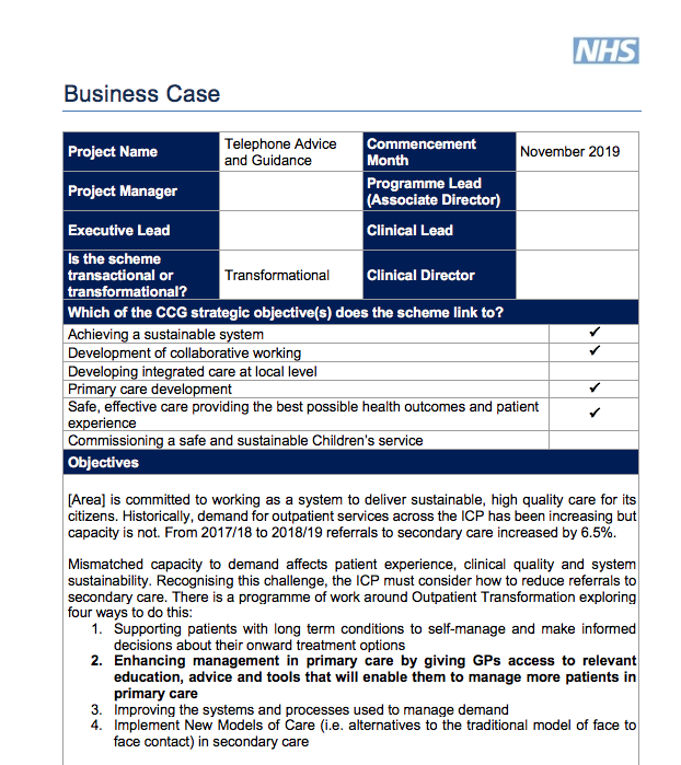 writing a business case nhs