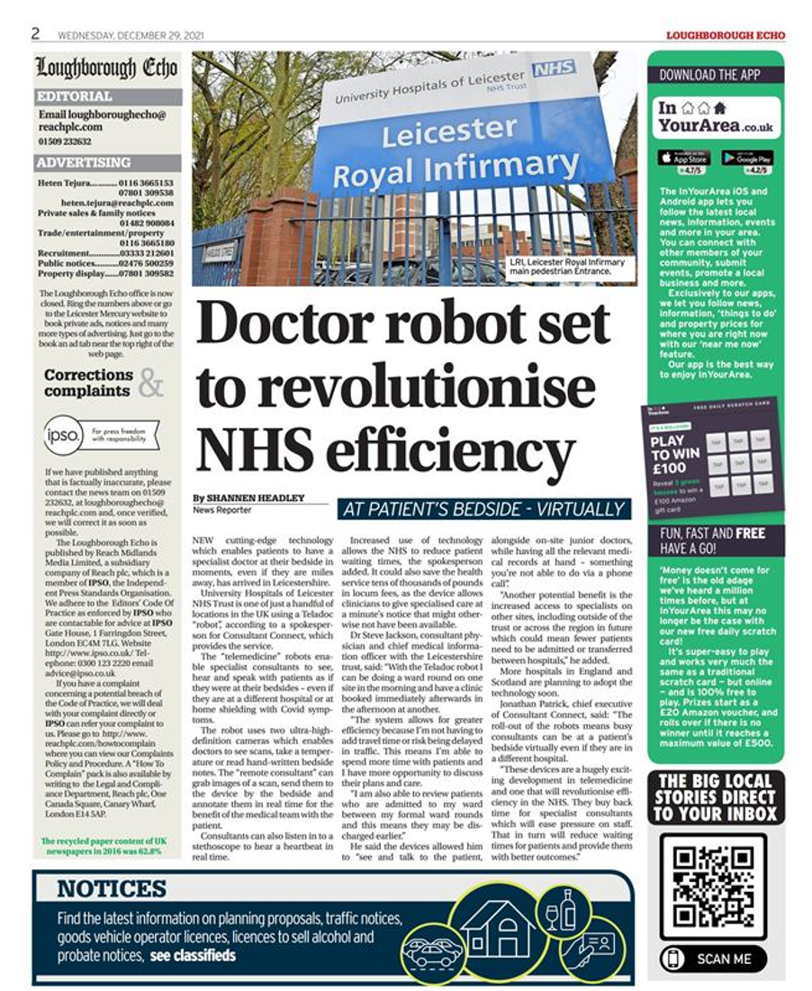 Doctor robot set to revolutionise NHS efficiency; at patient’s bedside – virtually - Consultant Connect