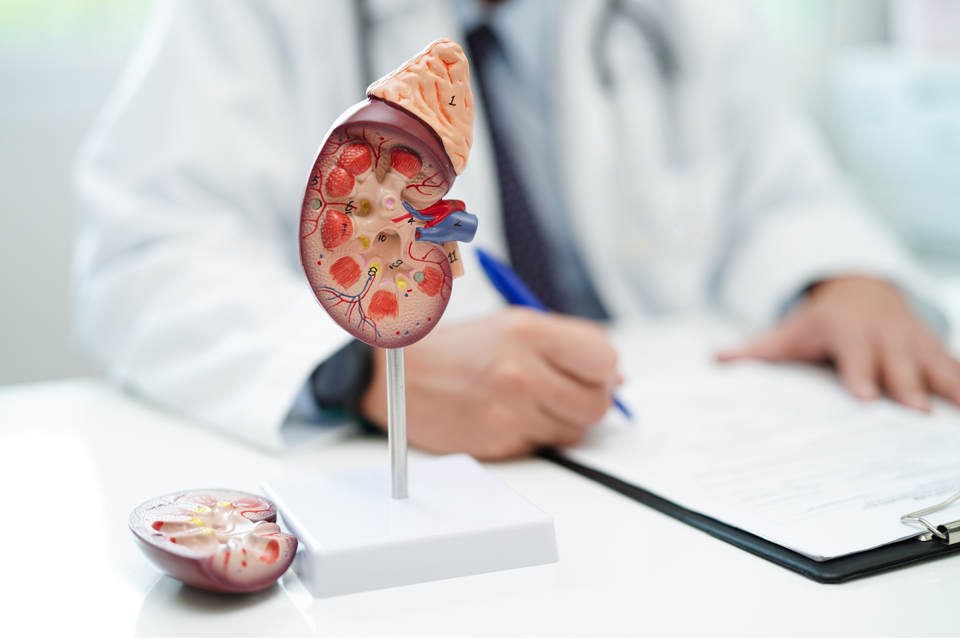 healthcare professional writes notes by hand with an anatomically-correct diagram of a kidney on the table